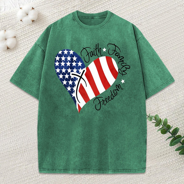 Faith Family Freedom Heart Christian American 4Th Of July Washed T-Shirt