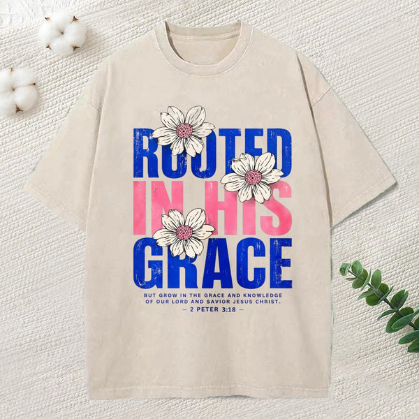 Rooted In His Grace Christian Washed T-Shirt
