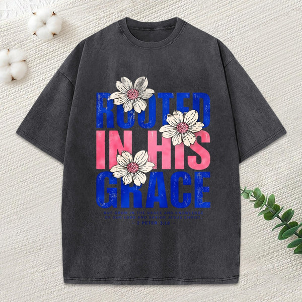 Rooted In His Grace Christian Washed T-Shirt