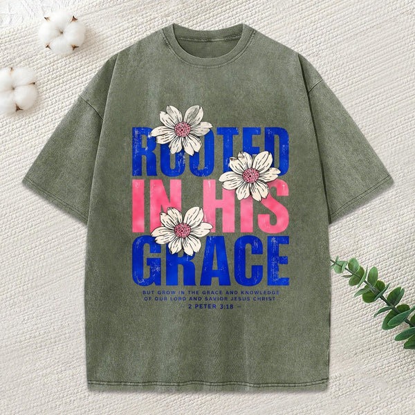 Rooted In His Grace Christian Washed T-Shirt