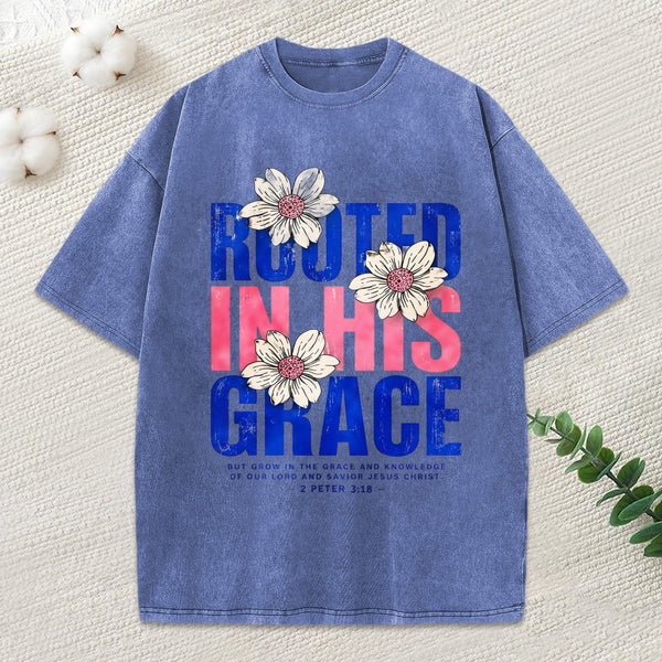 Rooted In His Grace Christian Washed T-Shirt