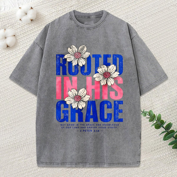Rooted In His Grace Christian Washed T-Shirt