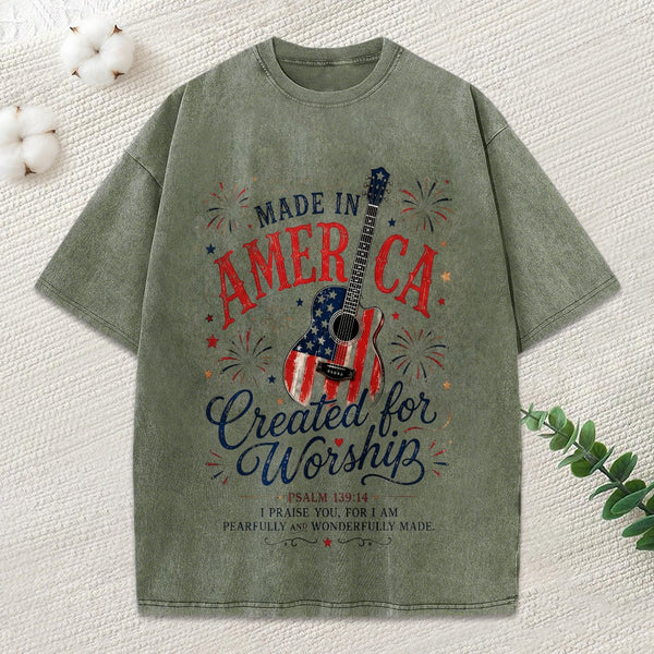 Made In America Created For Worship Christian Washed T-Shirt