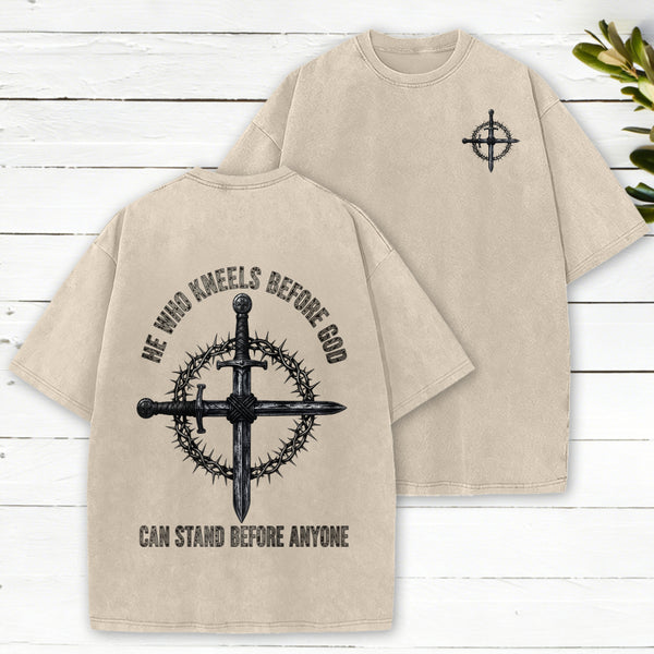 He Who Kneels Before God Can Stand Before Anyone Christian Washed T-Shirt