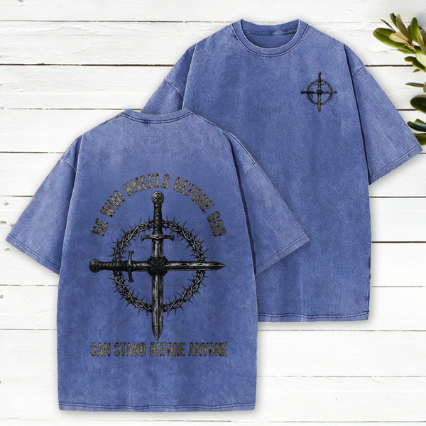 He Who Kneels Before God Can Stand Before Anyone Christian Washed T-Shirt