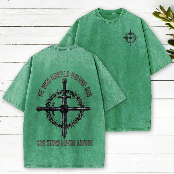 He Who Kneels Before God Can Stand Before Anyone Christian Washed T-Shirt