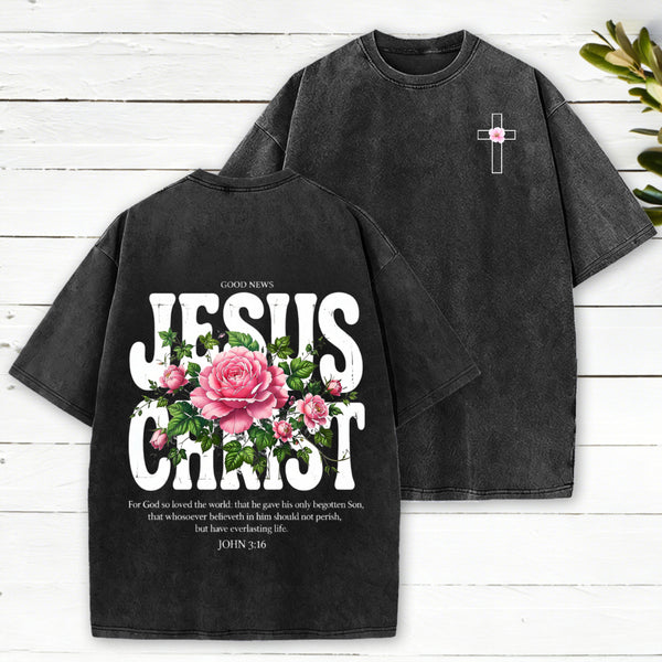 Jesus Christ Flower Christian Washed T-Shirt