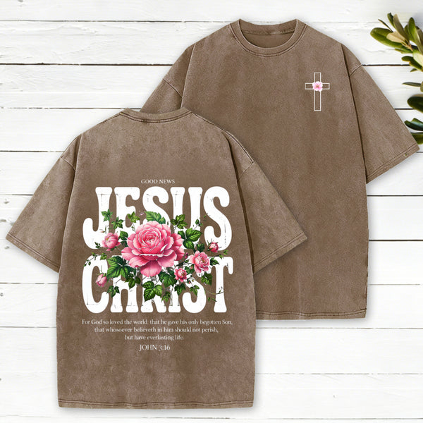 Jesus Christ Flower Christian Washed T-Shirt