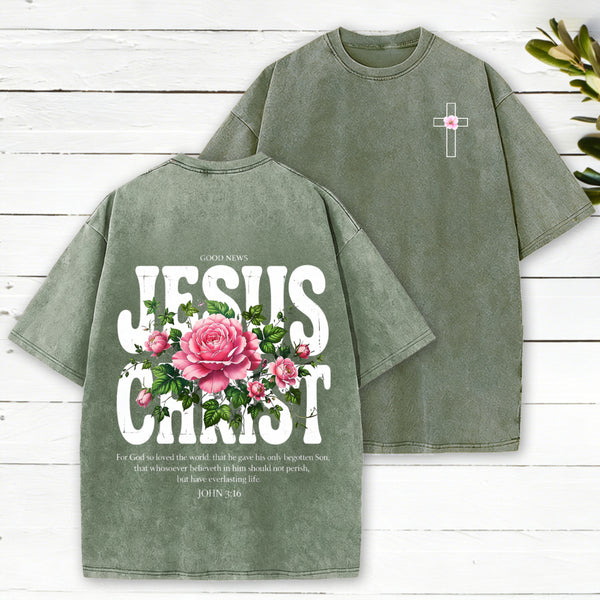 Jesus Christ Flower Christian Washed T-Shirt