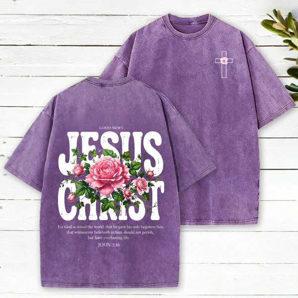 Jesus Christ Flower Christian Washed T-Shirt
