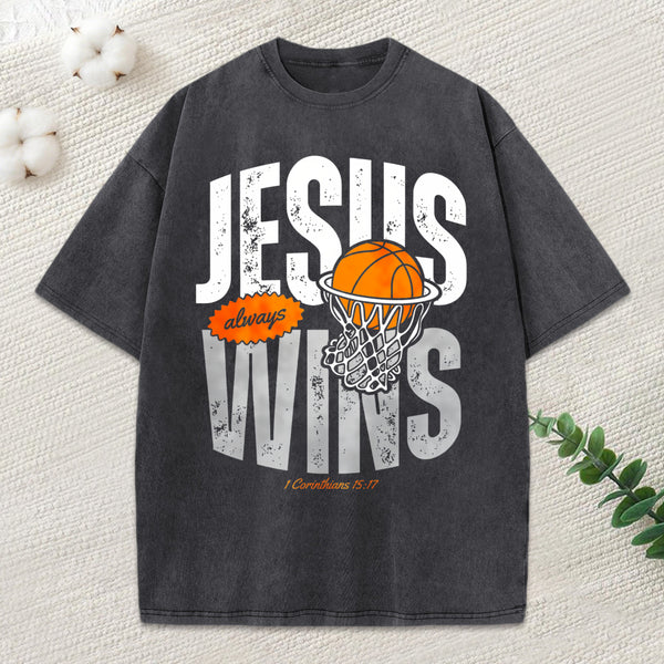 Jesus Always Wins Christian Washed T-Shirt