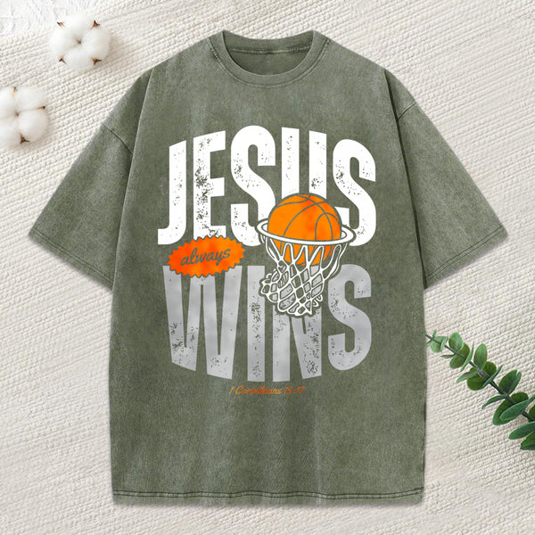 Jesus Always Wins Christian Washed T-Shirt