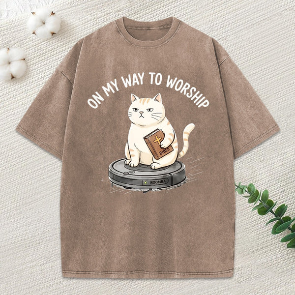 On My Way To Worship Christian Washed T-Shirt