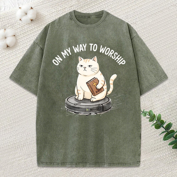On My Way To Worship Christian Washed T-Shirt