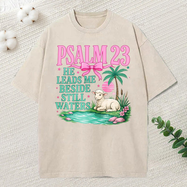 He Leads Me Beside Still Waters Christian Washed T-Shirt