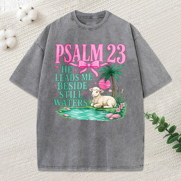 He Leads Me Beside Still Waters Christian Washed T-Shirt