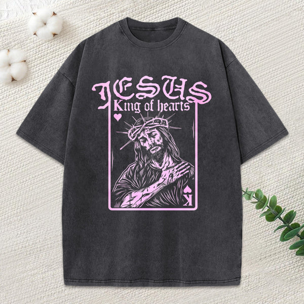 Jesus King Of Hearts Christian Washed T-Shirt