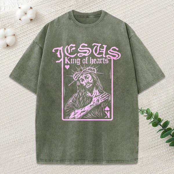 Jesus King Of Hearts Christian Washed T-Shirt