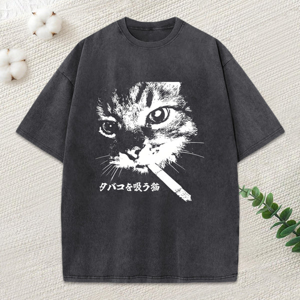 Retro Cat Smoking Washed T-Shirt