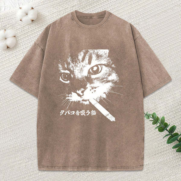 Retro Cat Smoking Washed T-Shirt