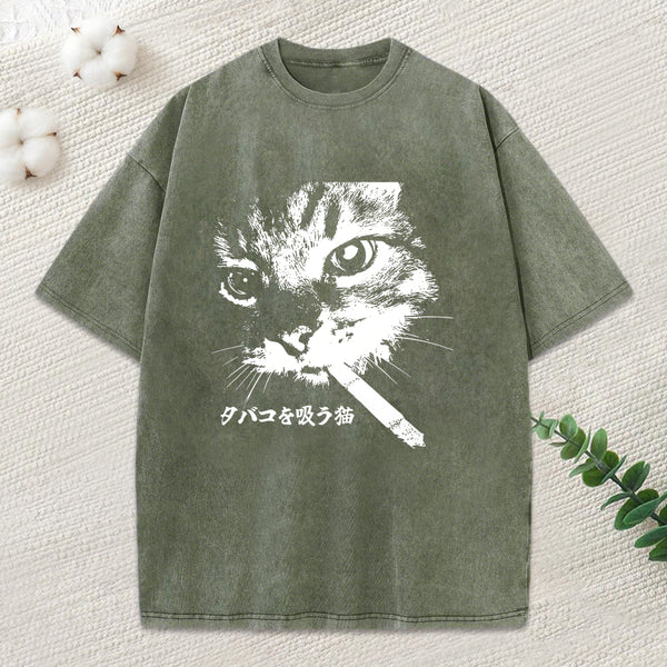 Retro Cat Smoking Washed T-Shirt