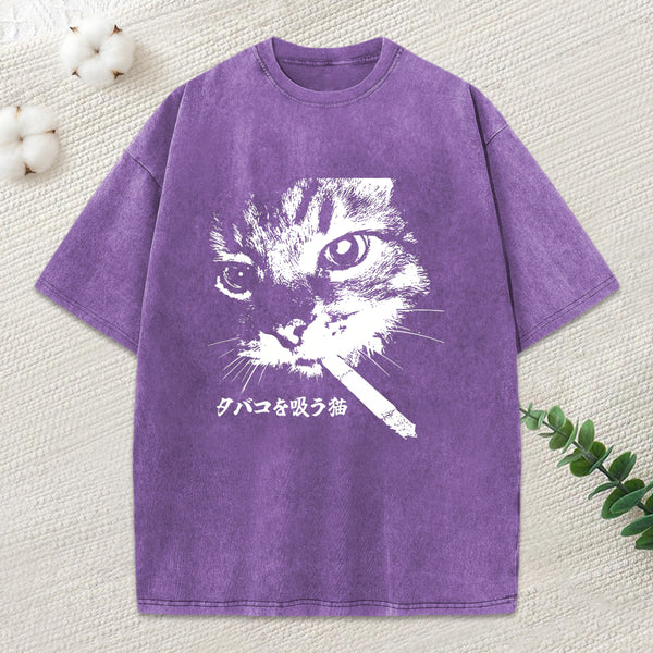 Retro Cat Smoking Washed T-Shirt