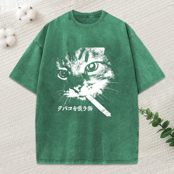 Retro Cat Smoking Washed T-Shirt