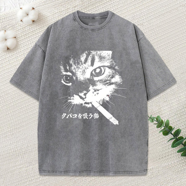 Retro Cat Smoking Washed T-Shirt