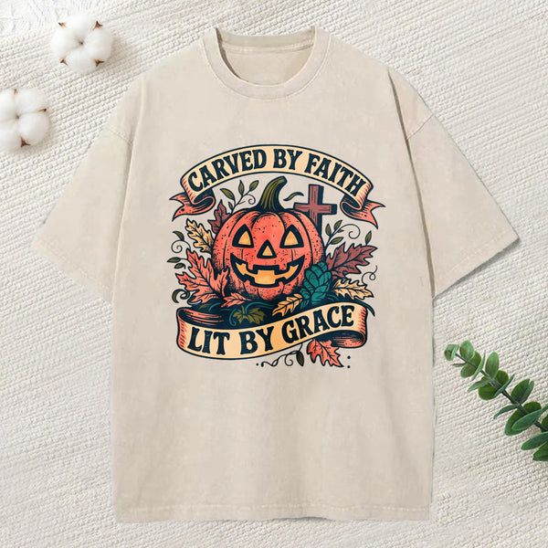 Carved By Faith Lit By Grace Christian Washed T-Shirt