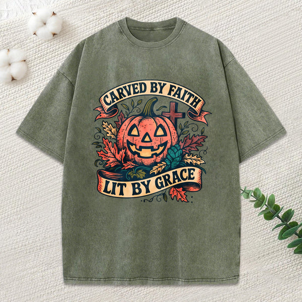 Carved By Faith Lit By Grace Christian Washed T-Shirt