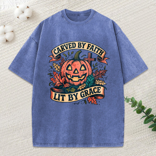 Carved By Faith Lit By Grace Christian Washed T-Shirt