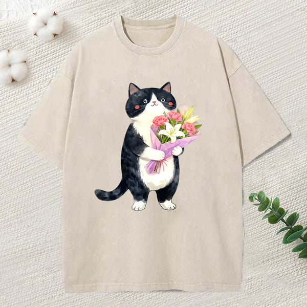 Sweet Cat Delivers Flowers Washed T-Shirt