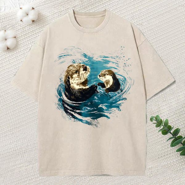 Meme Cute Otter Pair In Water Washed T-Shirt