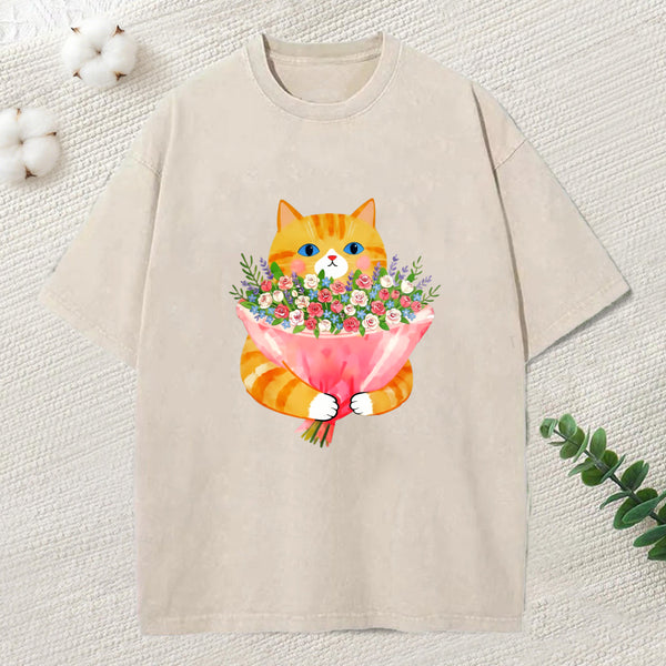 Cozy Cat Offering A Bouquet Washed T-Shirt