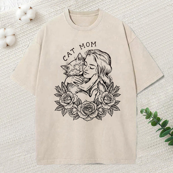 Cat Mom Cuddling Her Kitten Washed T-Shirt