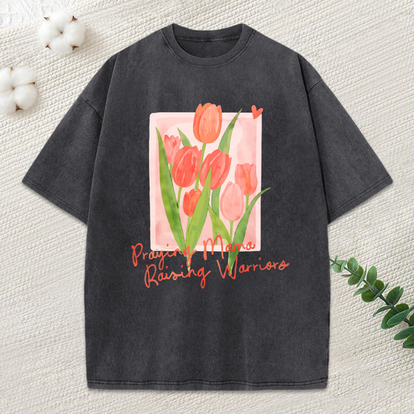 Praying Mama Raising Warriors Christian Washed T-Shirt