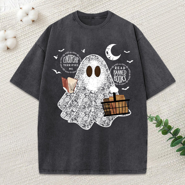 Bookish Cute Lace Ghost Halloween Unisex Washed T-Shirt