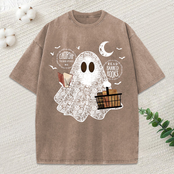 Bookish Cute Lace Ghost Halloween Unisex Washed T-Shirt