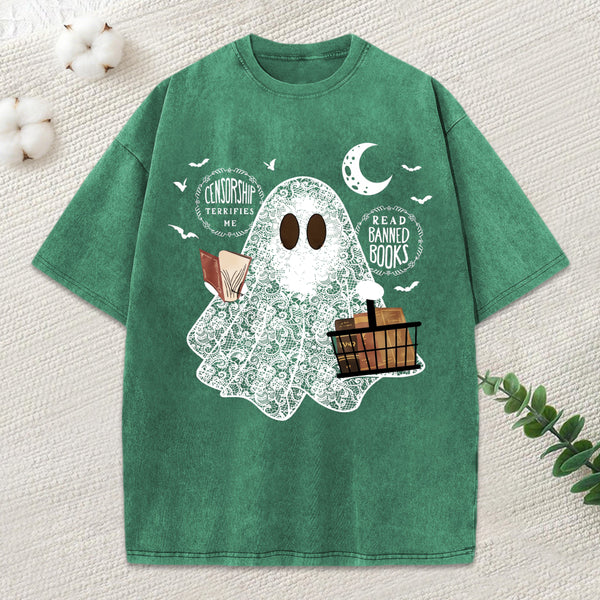 Bookish Cute Lace Ghost Halloween Unisex Washed T-Shirt