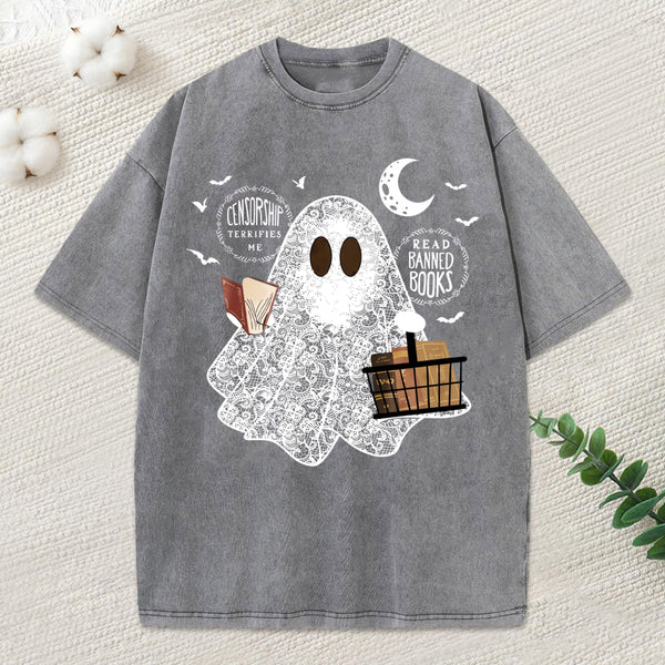 Bookish Cute Lace Ghost Halloween Unisex Washed T-Shirt
