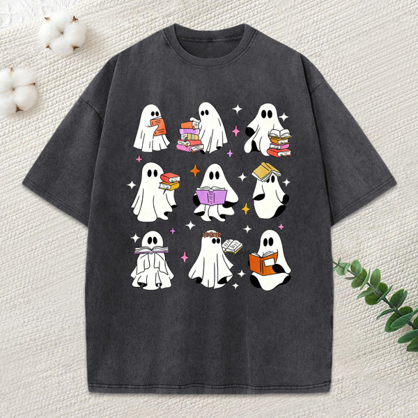 Ghost Reading Books Unisex Washed T-Shirt