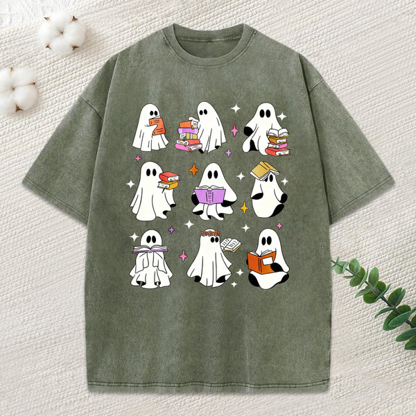 Ghost Reading Books Unisex Washed T-Shirt