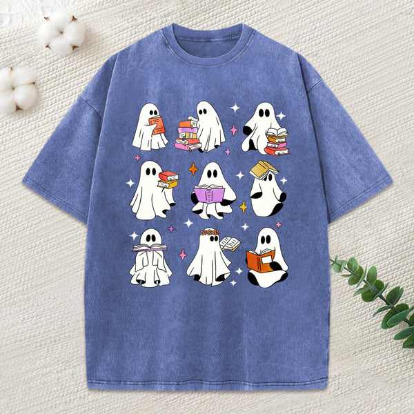 Ghost Reading Books Unisex Washed T-Shirt