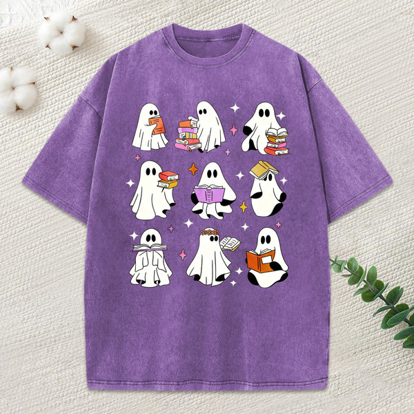 Ghost Reading Books Unisex Washed T-Shirt