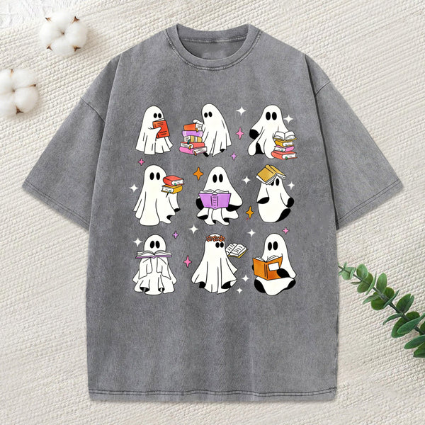 Ghost Reading Books Unisex Washed T-Shirt