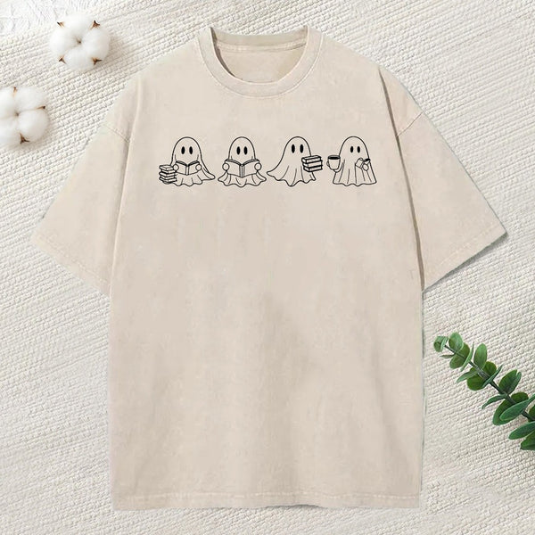 Halloween Cute Ghost Reading Books Unisex Washed T-Shirt