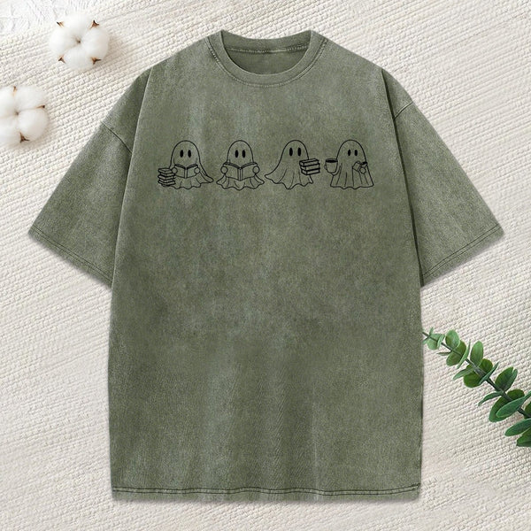 Halloween Cute Ghost Reading Books Unisex Washed T-Shirt