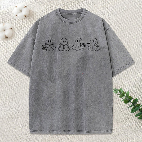Halloween Cute Ghost Reading Books Unisex Washed T-Shirt