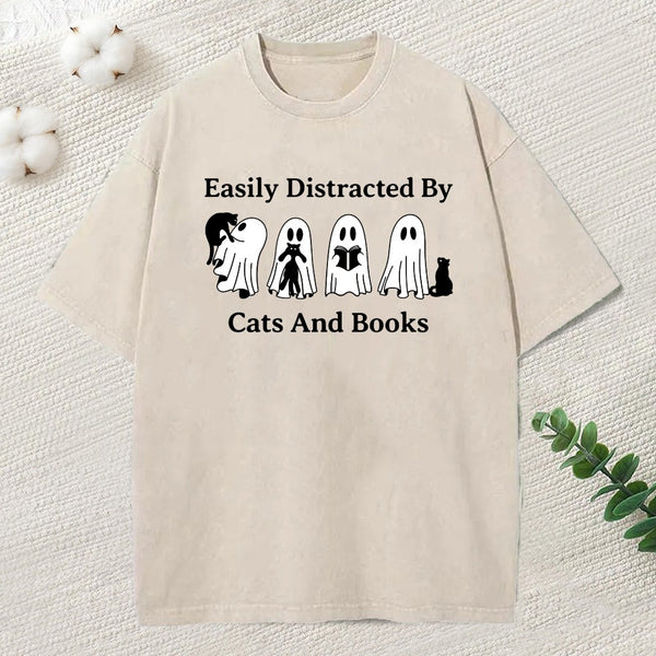 Easily Distracted By Cats And Books Unisex Washed T-Shirt