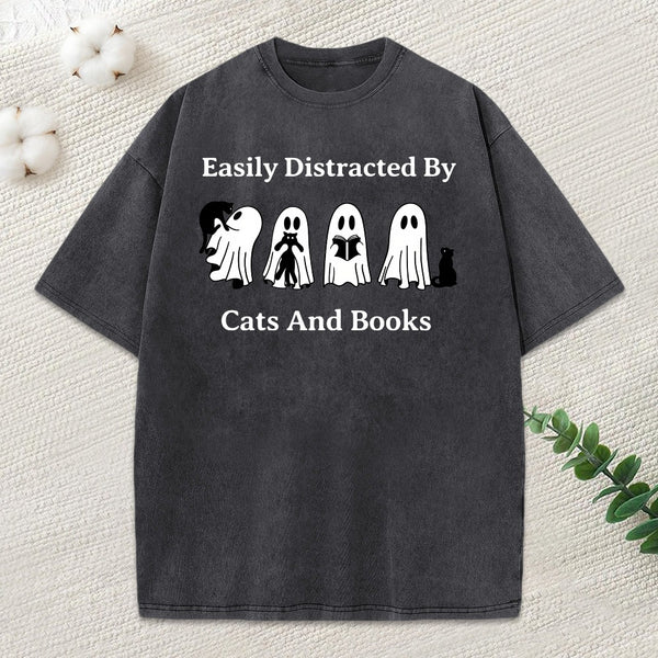 Easily Distracted By Cats And Books Unisex Washed T-Shirt